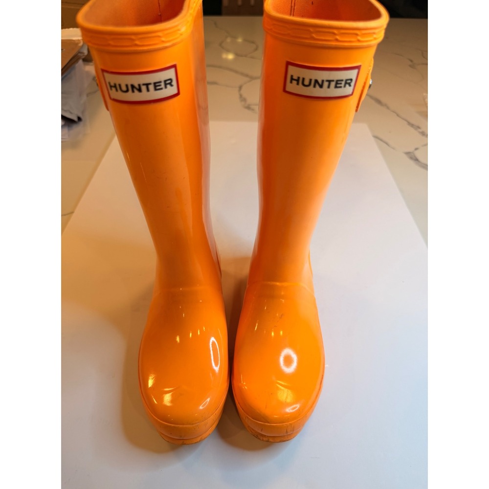 Hunter Original Kids Gloss Rain Boots Neon Orange Waterproof Size US 3B 4G EU 34